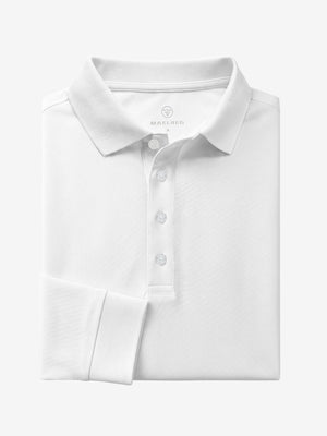 Folded view of white solid stretch cotton pique long sleeve polo shirt