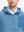 Collar detail from nose to chest, showing texture and zipper finish of the Misty Blue fleece top.