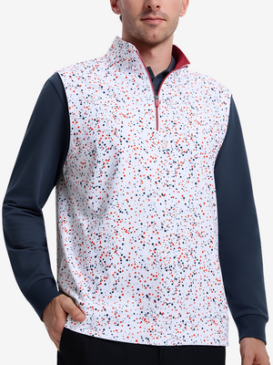 Front upper body shot of model wearing white polka dots full print quarter zip sleeveless vest pullover
