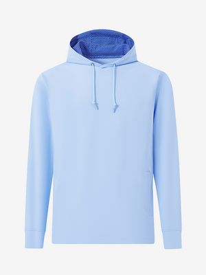 3D view of light blue soft stretchy hoodie with inner print hood