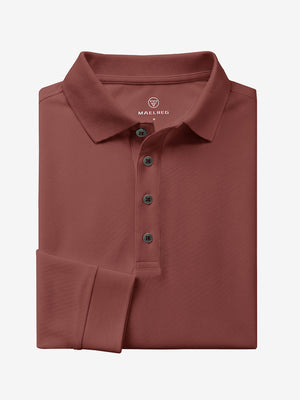 Folded view of wine solid stretch cotton pique long sleeve polo shirt