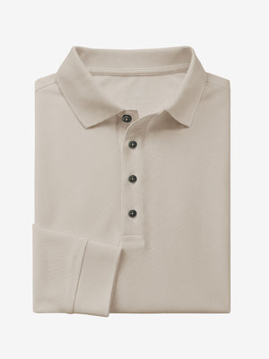 Folded view of light khaki solid stretch cotton pique long sleeve polo shirt