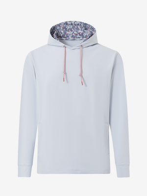3D view of misty blue  soft stretchy hoodie with inner print hood