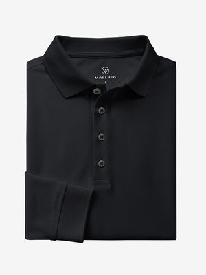 Folded view of black solid stretch cotton pique long sleeve polo shirt

