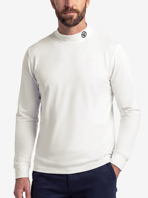 Upper body front view of model wearing beige warm brushed mock neck golf t shirt