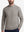 Upper body front view of model wearing sand warm brushed mock neck golf t shirt