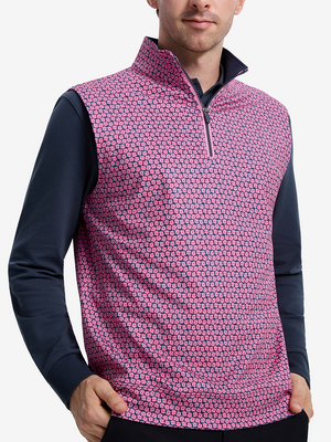 Front upper body shot of model wearing red navy flower full print quarter zip sleeveless vest pullover