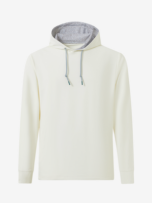 3D view of cream  soft stretchy hoodie with inner print hood
