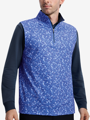 Front upper body shot of model wearing line animal  full print quarter zip sleeveless vest pullover