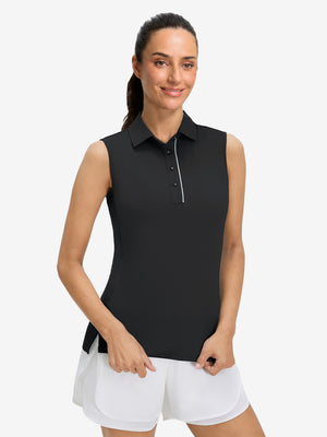 Front upper body view in black of women's 4 buttons golf polo shirts.