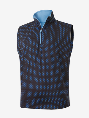 3D view of navy flower full print quarter zip sleeveless vest pullover
