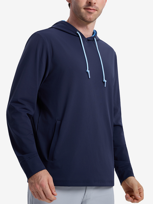 Front view of model showcasing navy soft stretchy hoodie with inner print hood