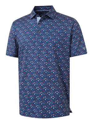 3D render of the american elements 4 way stretch print collared polo shirt, displaying the garment structure and design clearly