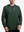 Front view of model showcasing forest green soft stretchy hoodie with inner print hood