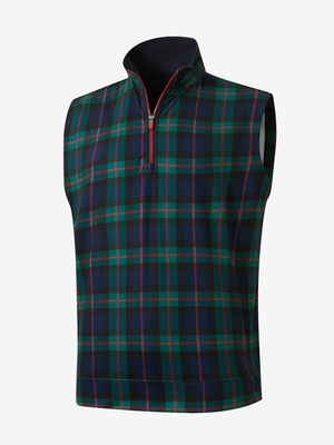 3D view of dark plaid full print quarter zip sleeveless vest pullover