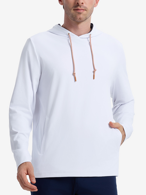 Front view of model showcasing white soft stretchy hoodie with inner print hood