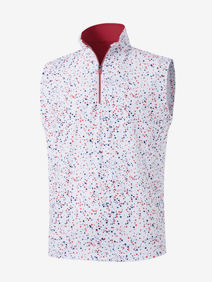 3D view of white polka dots full print quarter zip sleeveless vest pullover