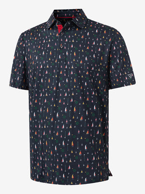 3D render of the colorful sailboat 4 way stretch print collared polo shirt, displaying the garment structure and design clearly