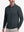Front upper body shot of model wearing dark gray solid stretch cotton pique long sleeve polo shirts
