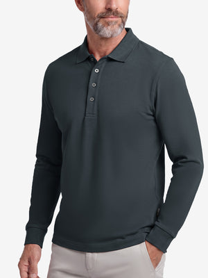 Front upper body shot of model wearing dark gray solid stretch cotton pique long sleeve polo shirts