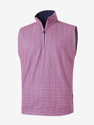 3D view of red navy flower full print quarter zip sleeveless vest pullover