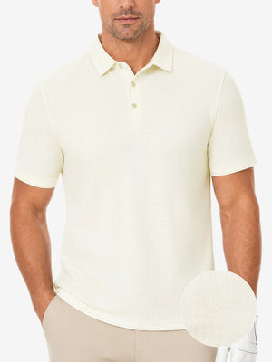 Front upper body shot of model wearing beige of nylon blend casual jacquard polo shirts.