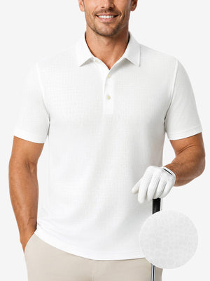 Front upper body shot of model wearing white of nylon blend casual jacquard polo shirts.