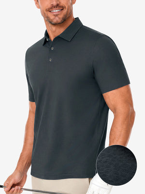 Front upper body angled shot of model wearing dark gray nylon blend casual jacquard polo shirt