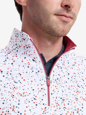 Close-up front view from nose to chest of model wearing white polka dots full print quarter zip sleeveless vest pullover