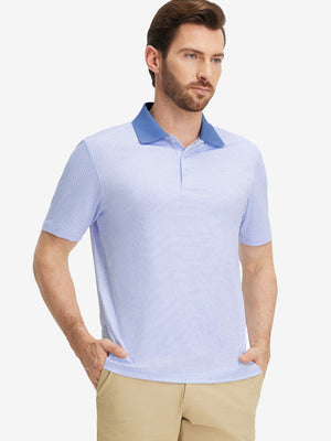 Front upper body shot of model wearing pink purple diamond premium ribbed collar print polo shirts
