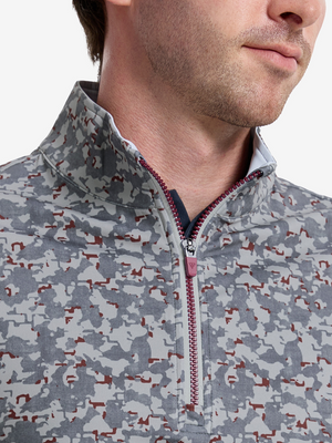 Close-up front view from nose to chest of model wearing grey/wine camo full print quarter zip sleeveless vest pullover