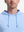 Close-up front view from nose to chest of model wearing light blue soft stretchy hoodie with inner print hood