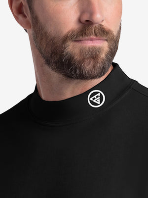 Front shot from nose to chest of model wearing black warm brushed mock neck golf t shirt