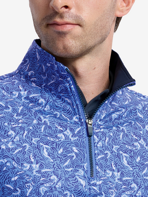 Close-up front view from nose to chest of model wearing line animal full print quarter zip sleeveless vest pullover