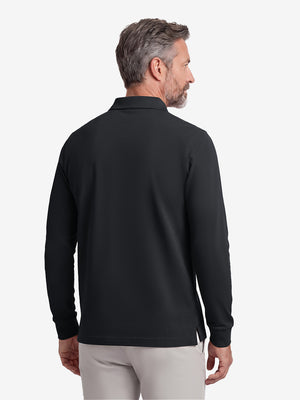 Back upper body shot of model wearing black solid stretch cotton pique long sleeve polo shirts