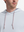 Close-up front view from nose to chest of model wearing misty blue soft stretchy hoodie with inner print hood