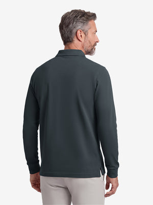Back upper body shot of model wearing dark gray solid stretch cotton pique long sleeve polo shirts