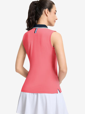 Back upper body shot of model wearing pink women's collared v neck quick dry tank tops