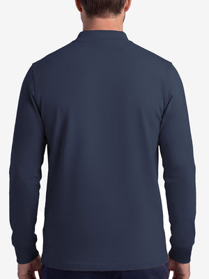 Back upper body shot of model wearing navy warm brushed mock neck golf t shirt