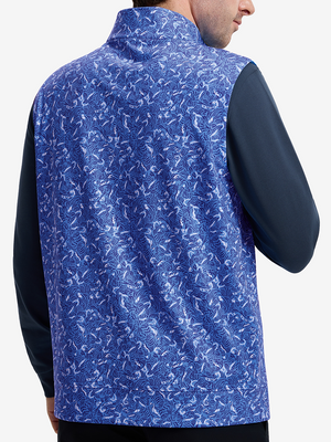Back upper body shot of model wearing line animal  full print quarter zip sleeveless vest pullover