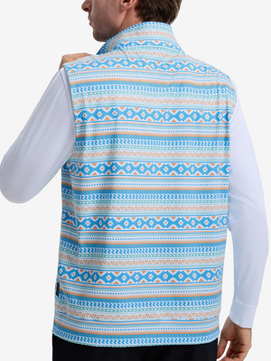 Back upper body shot of model wearing blue ethnic  full print quarter zip sleeveless vest pullover