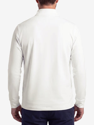 Back upper body shot of model wearing beige warm brushed mock neck golf t shirt