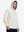 Front upper body angled shot of model wearing cream soft stretchy hoodie with inner print hood