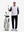 Front full body shot of model wearing white polka dots full print quarter zip sleeveless vest pullover with a golf club in hand and golf bag beside