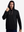 Front upper body shot of model wearing black soft stretchy hoodie with inner print hood and pulling the hood with one hand