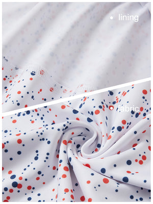 Close-up view of white polka dots   full print quarter zip sleeveless vest pullover showing inner lining and outer fabric  details