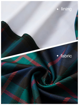 Close-up view of dark plaid   full print quarter zip sleeveless vest pullover showing inner lining and outer fabric  details