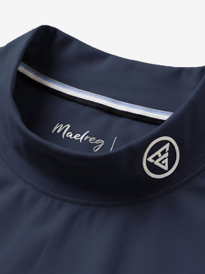 Collar detail close-up in navy warm brushed mock neck golf t shirt