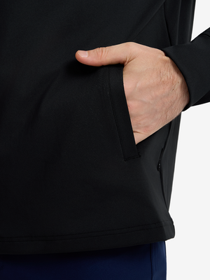 Close-up view of black soft stretchy hoodie with inner print hood outer pocket detail