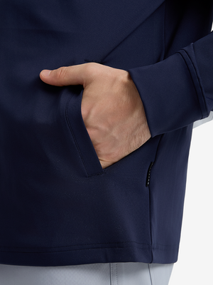 Close-up view of navy soft stretchy hoodie with inner print hood outer pocket detail